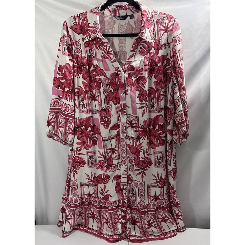 Mlle Gabrielle 2X Shirt Dress Palm Tree Tropical Hibiscus Floral Pink White